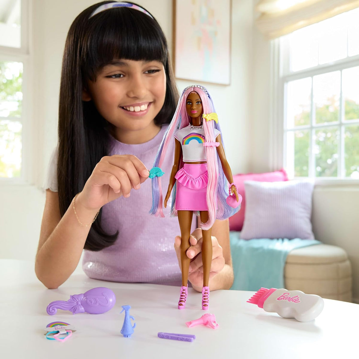Barbie Rainbow Sparkle Hair Doll and styling accessories