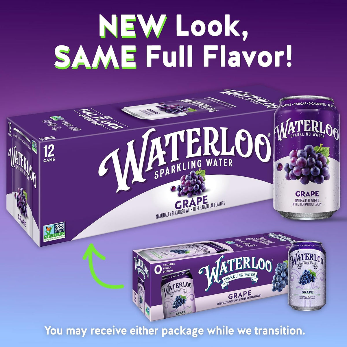 Waterloo Sparkling Water grape flavor packaging