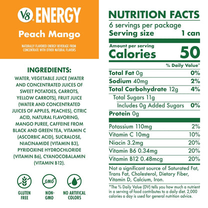 V8 Energy Peach Mango energy drink multipack packaging