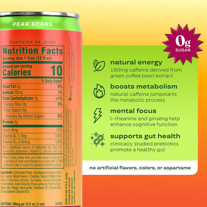 Zero sugar Pear Scare energy drink by Bloom Nutrition