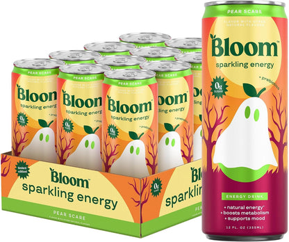 Bloom Nutrition sparkling energy drink Pear Scare cans