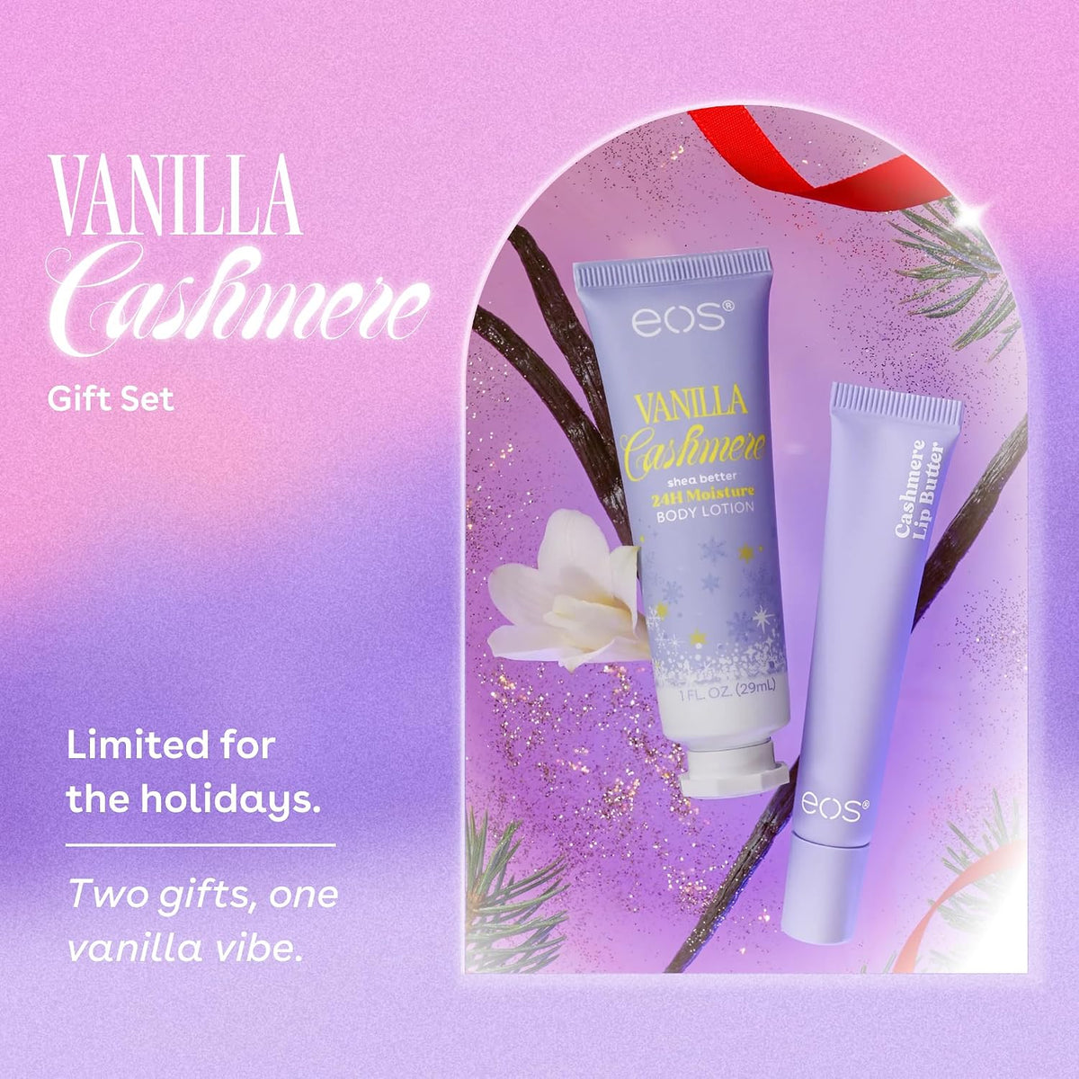 eos Vanilla Cashmere Lip Butter and lotion packaging