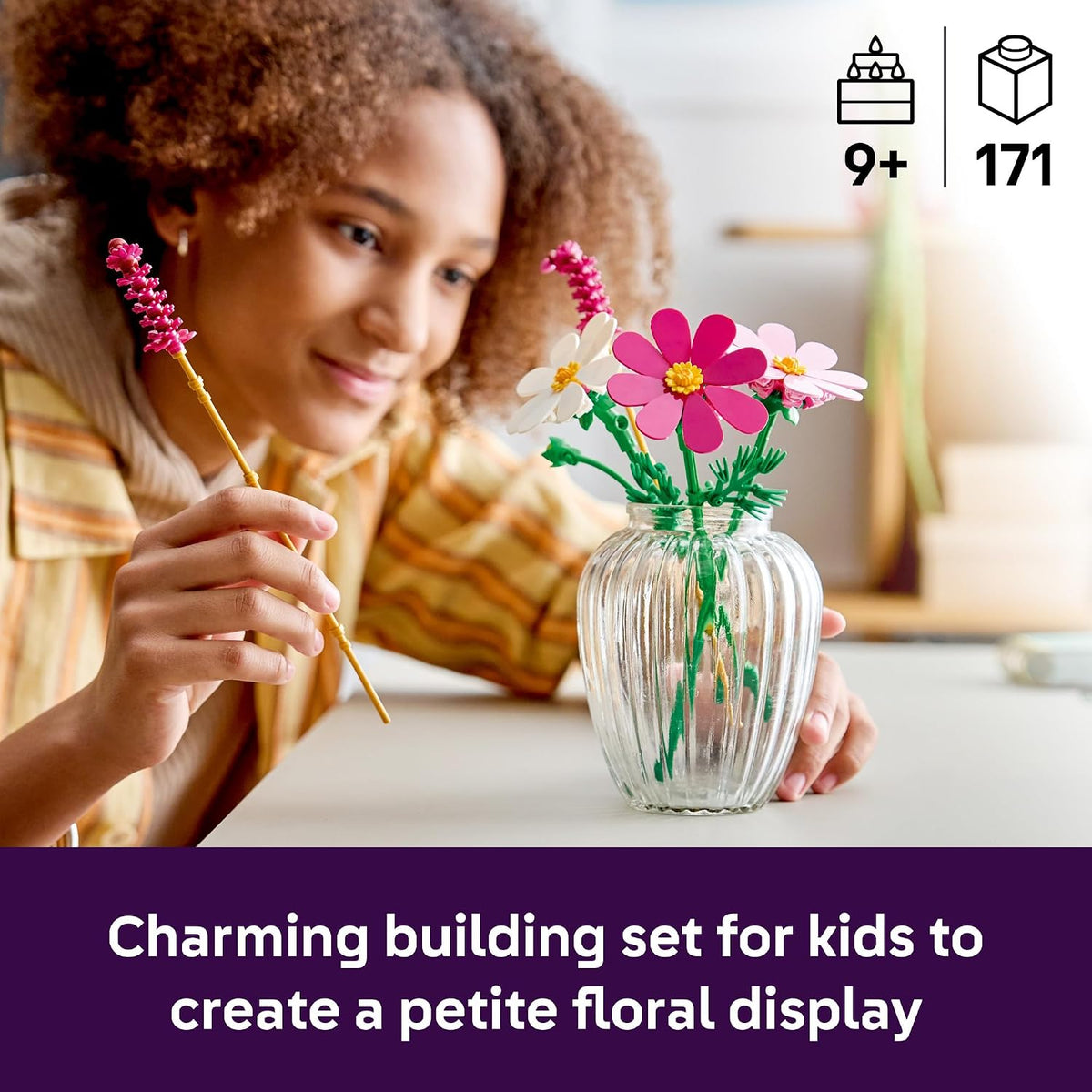 LEGO floral building toy with purple white and pink flowers