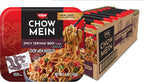 Microwavable Nissin chow mein tray with beef flavor