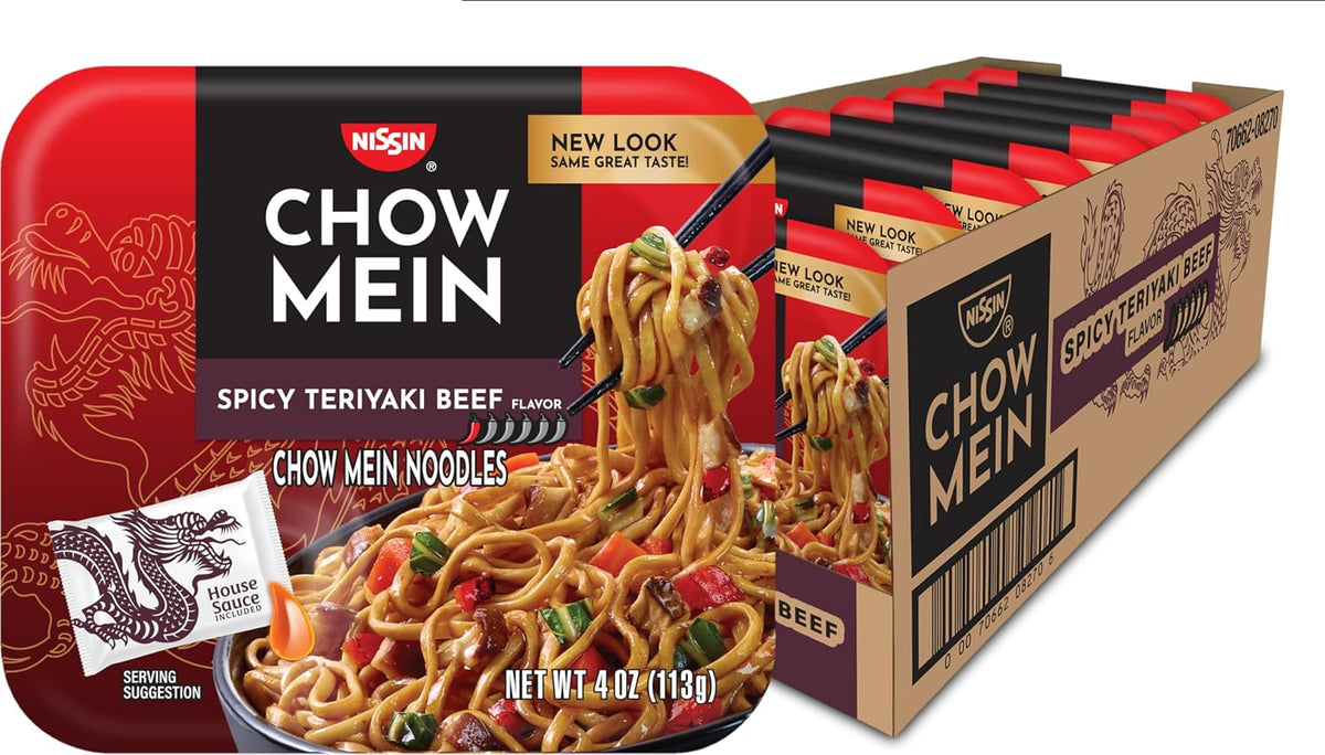 Microwavable Nissin chow mein tray with beef flavor