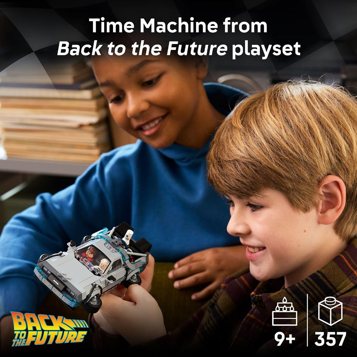Back to the Future LEGO car model with movie details