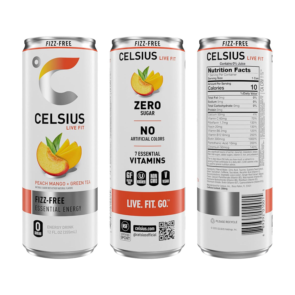 Non-carbonated CELSIUS peach mango green tea energy drink