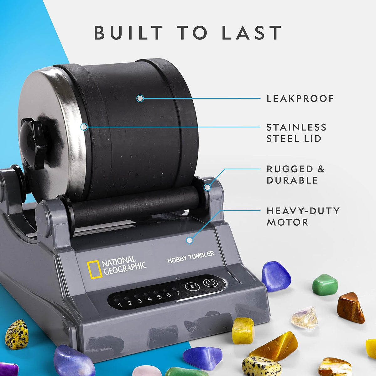 Rock tumbler machine with leak-proof barrel and timer