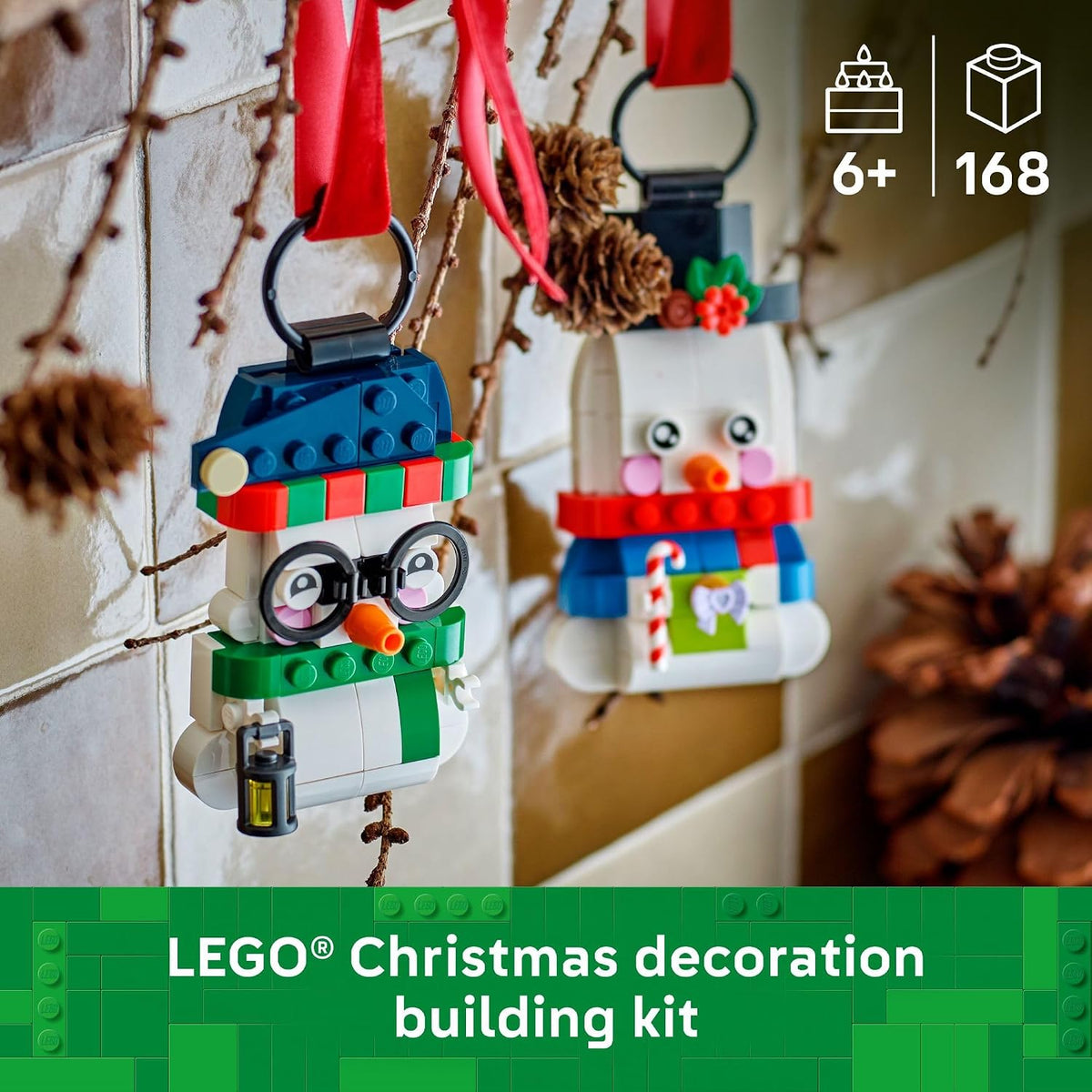 Tall LEGO snowman with top hat gift and candy cane