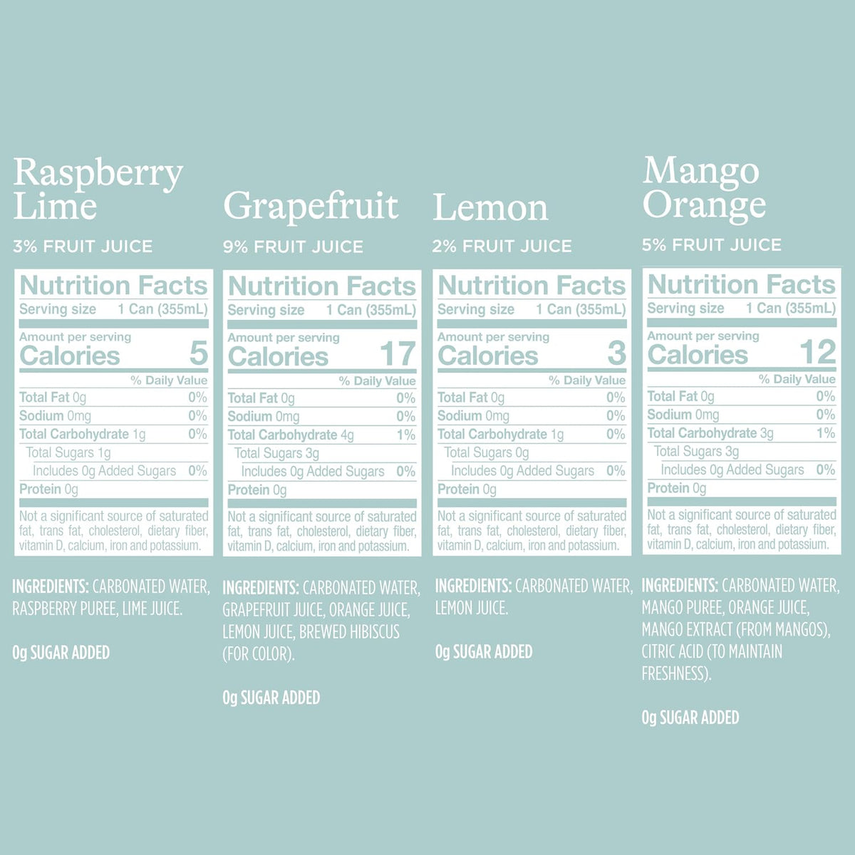 Spindrift Raspberry Lime Grapefruit Orange Mango Lemon cans