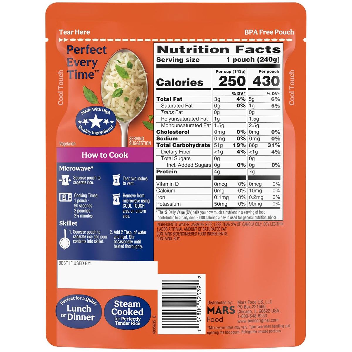 Ready-to-heat jasmine rice dinner side pouch
