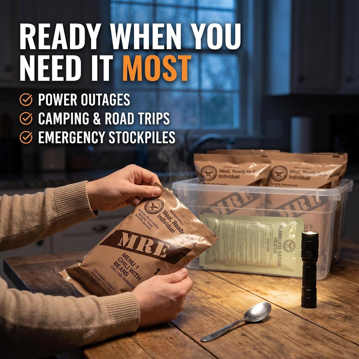 Military-style MRE meal variety for camping