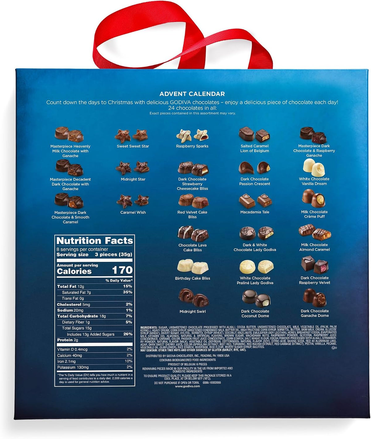 GODIVA holiday chocolate calendar with snowy details and red ribbon handle