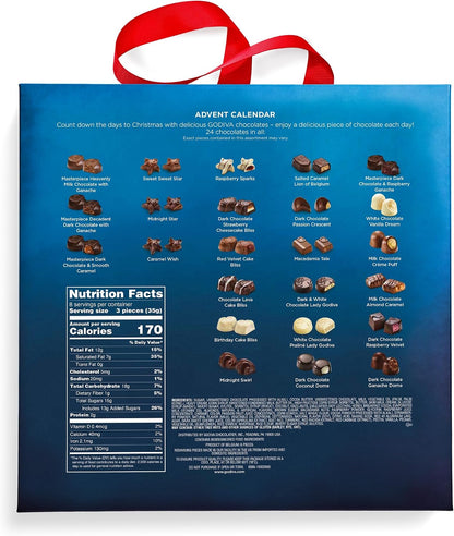 GODIVA holiday chocolate calendar with snowy details and red ribbon handle