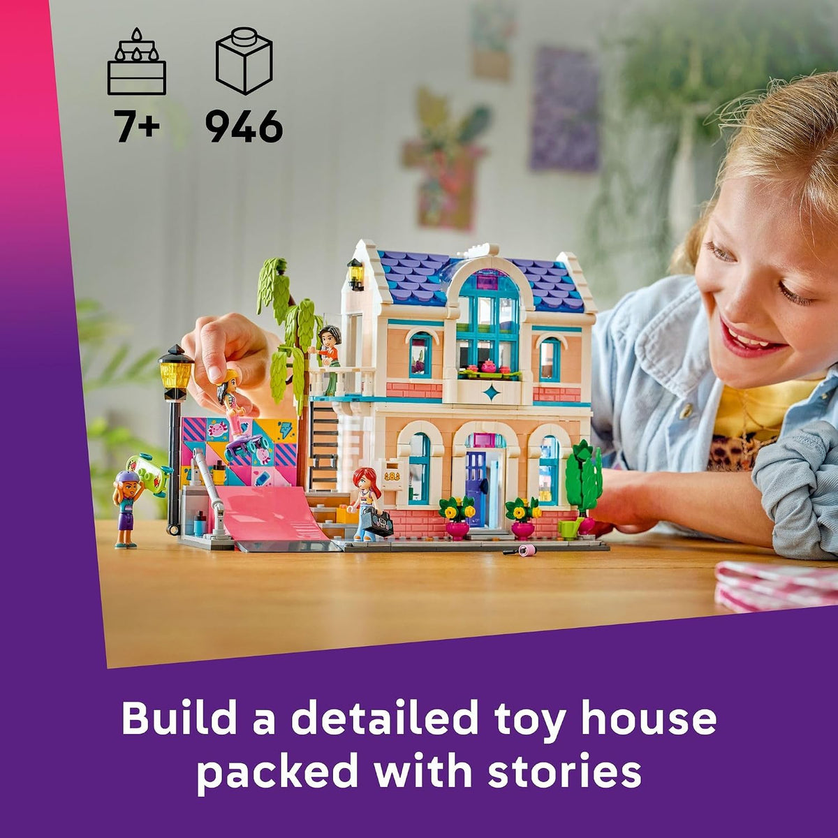 Colorful LEGO house with balcony and garden