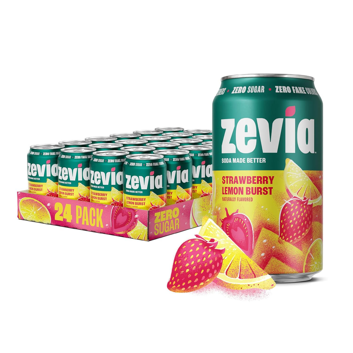 Zevia zero calorie strawberry lemon soda cans