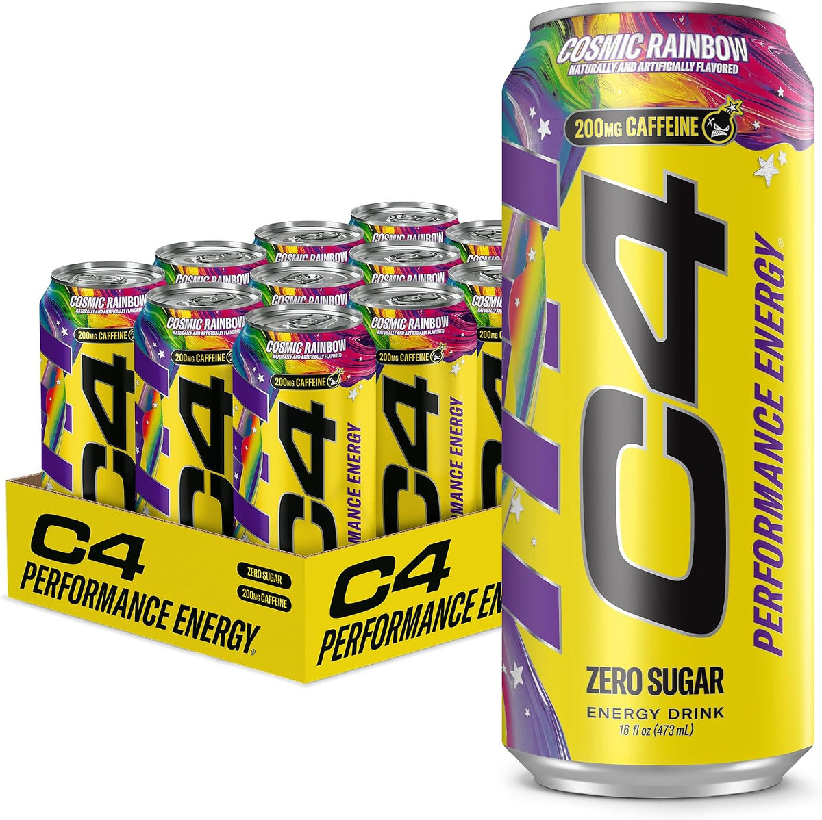 C4 zero sugar energy drink cans in Cosmic Rainbow flavor