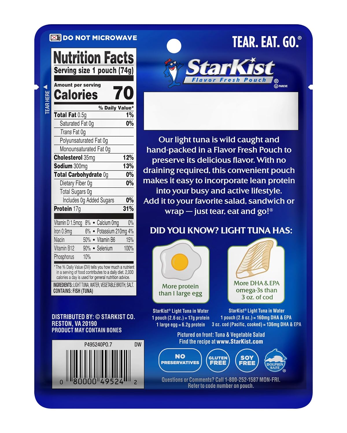 Ready to eat light tuna pouch in water