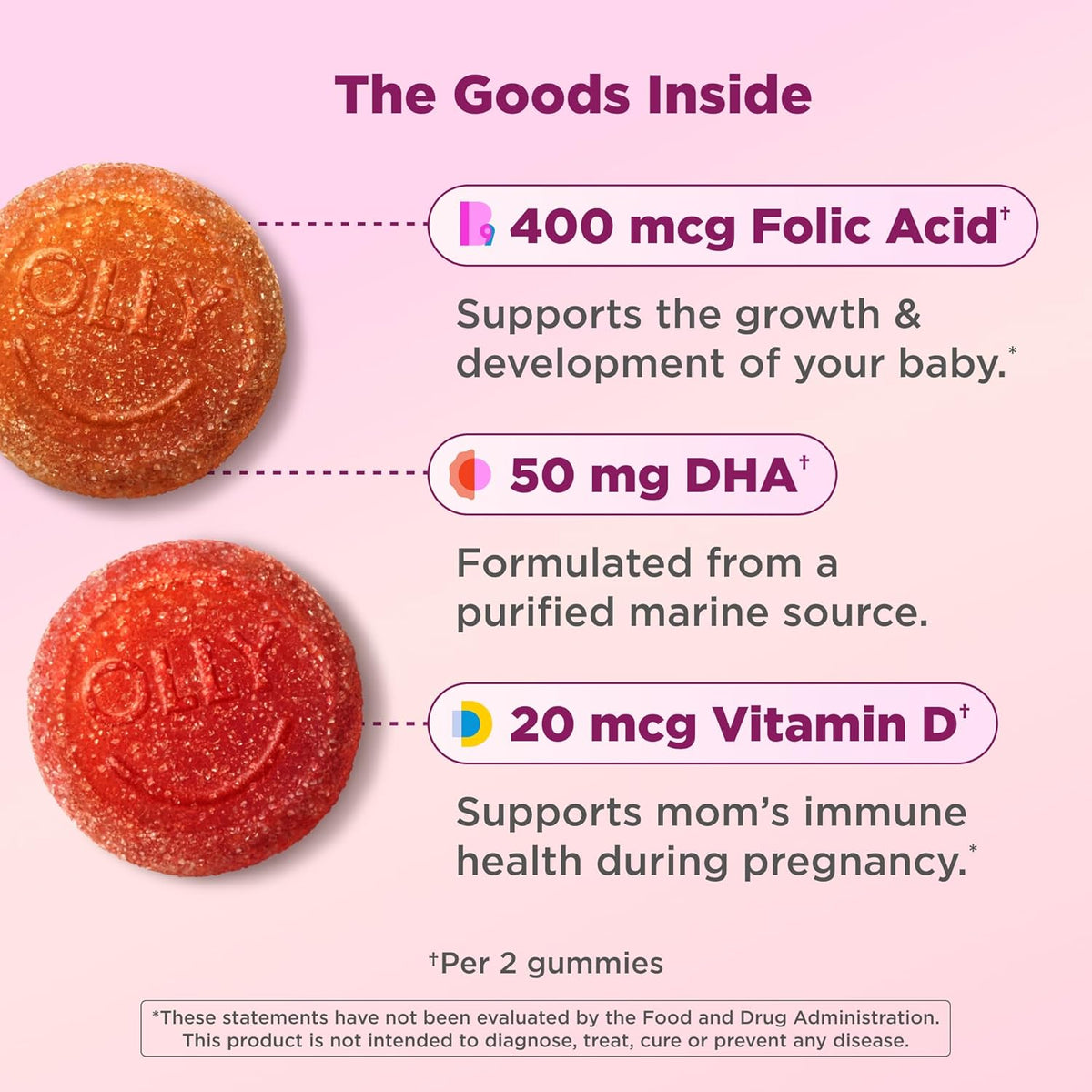 OLLY prenatal gummy supplement bottle front view