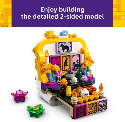 LEGO altar model with flower arch and offerings