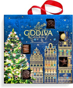 GODIVA advent calendar design with Christmas tree and gold city architecture