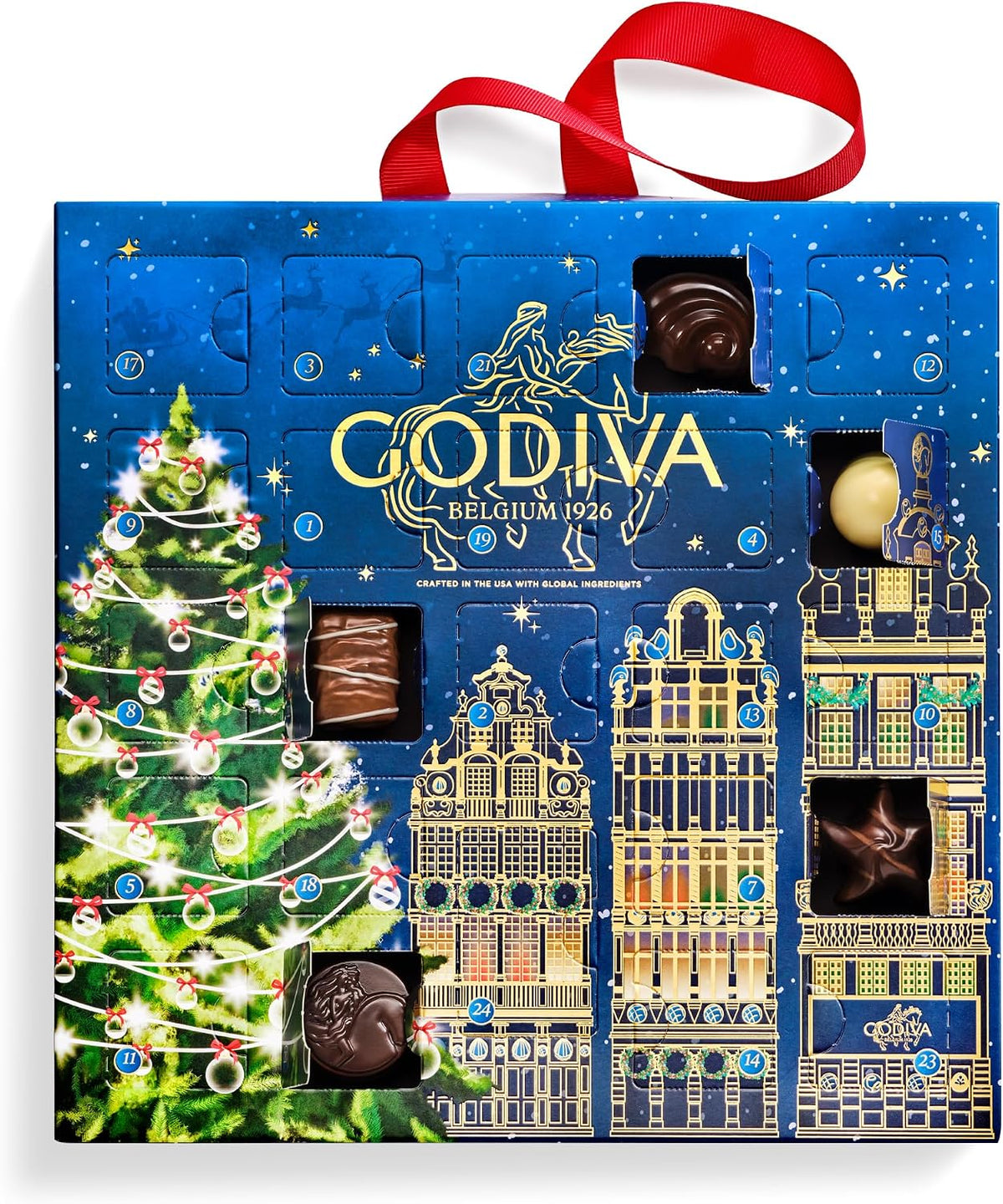 GODIVA advent calendar design with Christmas tree and gold city architecture