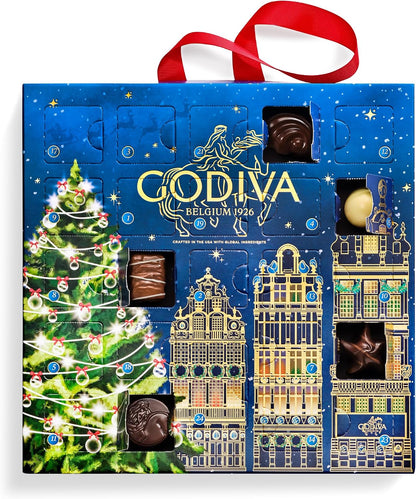 GODIVA advent calendar design with Christmas tree and gold city architecture
