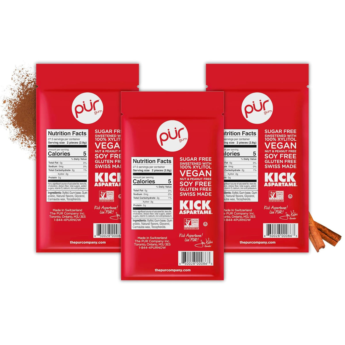 Three pack PUR Cinnamon gum 55 count bags