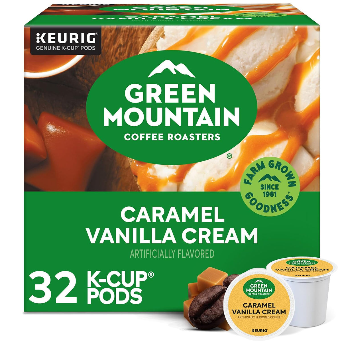 Caramel vanilla cream flavored light roast coffee pods box