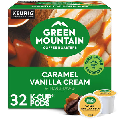 Caramel vanilla cream flavored light roast coffee pods box