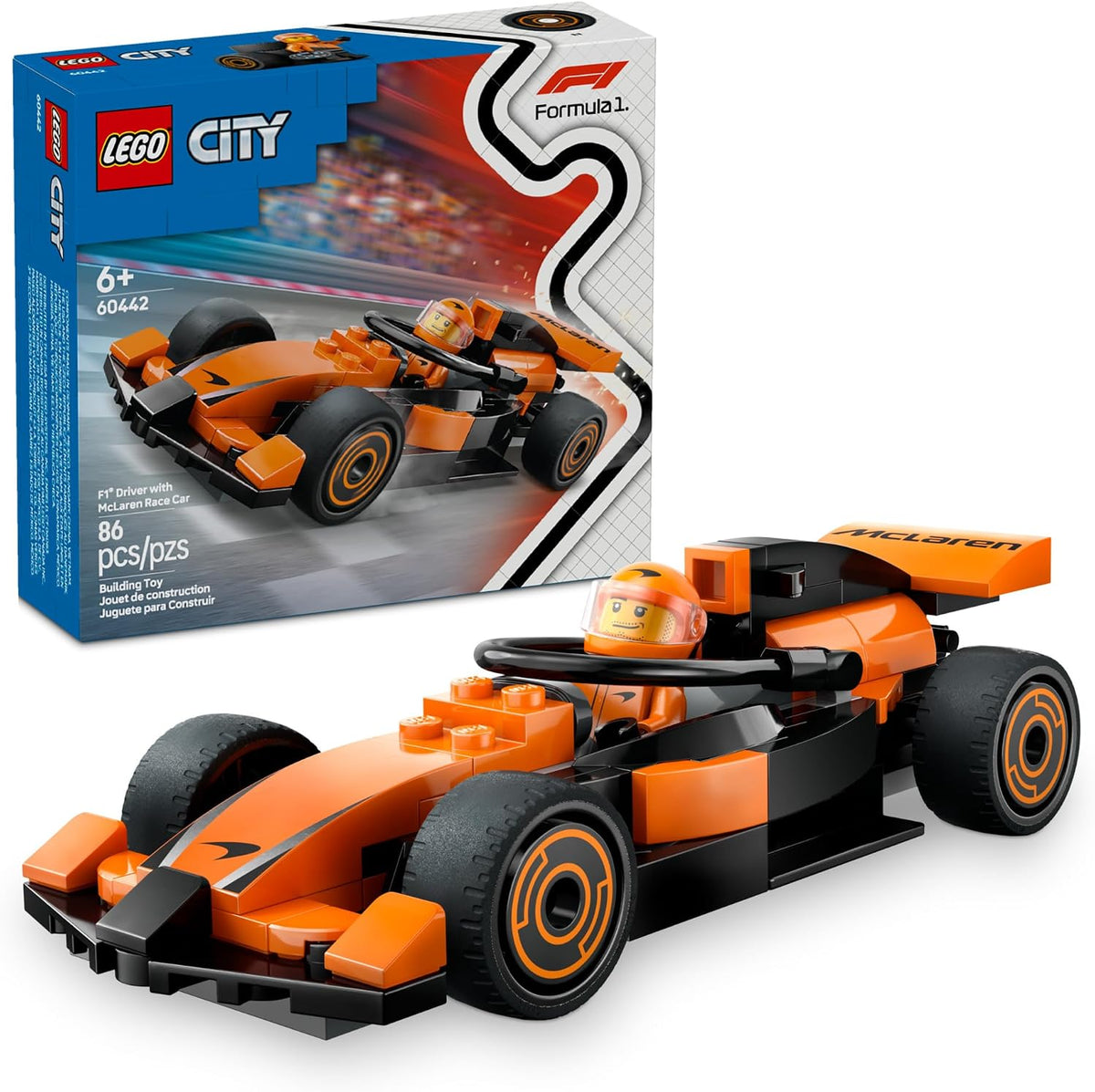 LEGO F1 driver minifigure with McLaren car