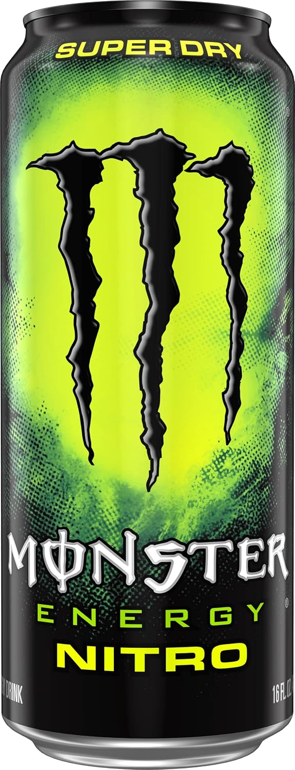 Carbonated Monster Nitro Super Dry energy drink cans