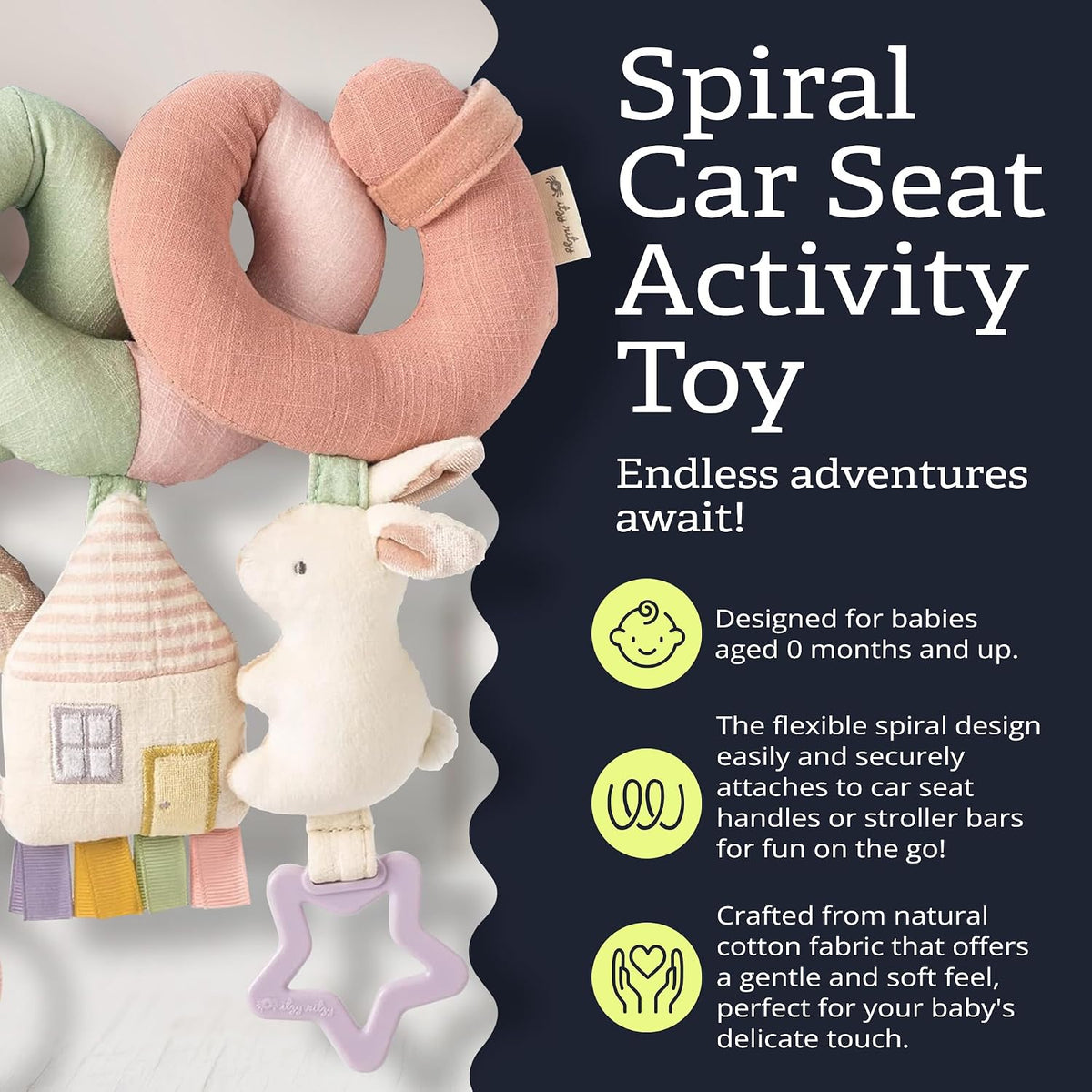 Car seat activity toy with ribbons and textured fabrics