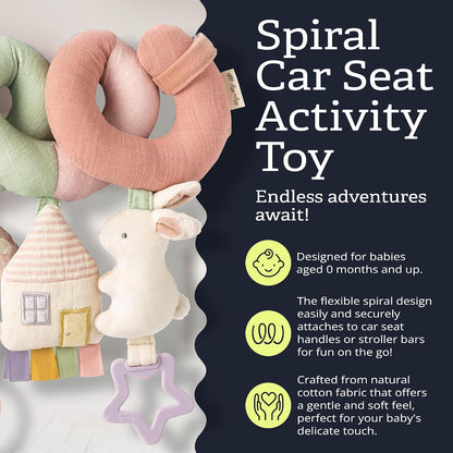 Car seat activity toy with ribbons and textured fabrics
