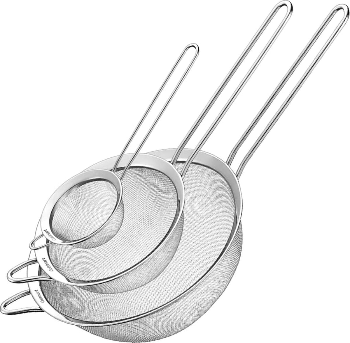 Three Cuisinart fine mesh kitchen strainers with handles