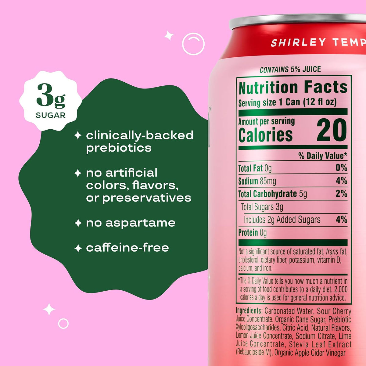 Caffeine-free Shirley Temple prebiotic soft drink