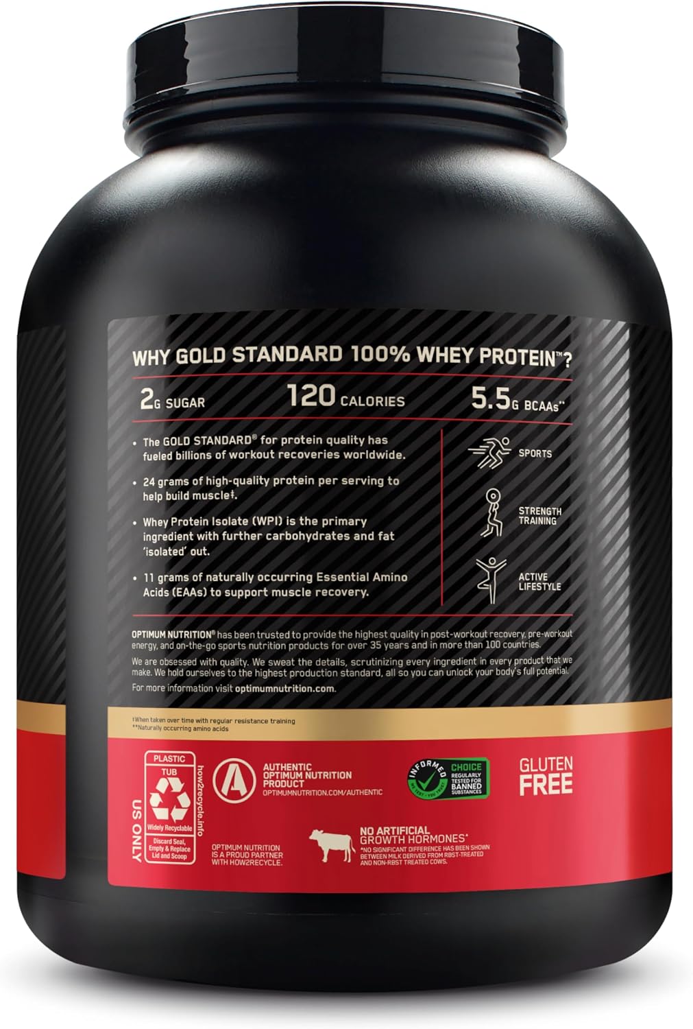 Optimum Nutrition all-whey protein powder packaging