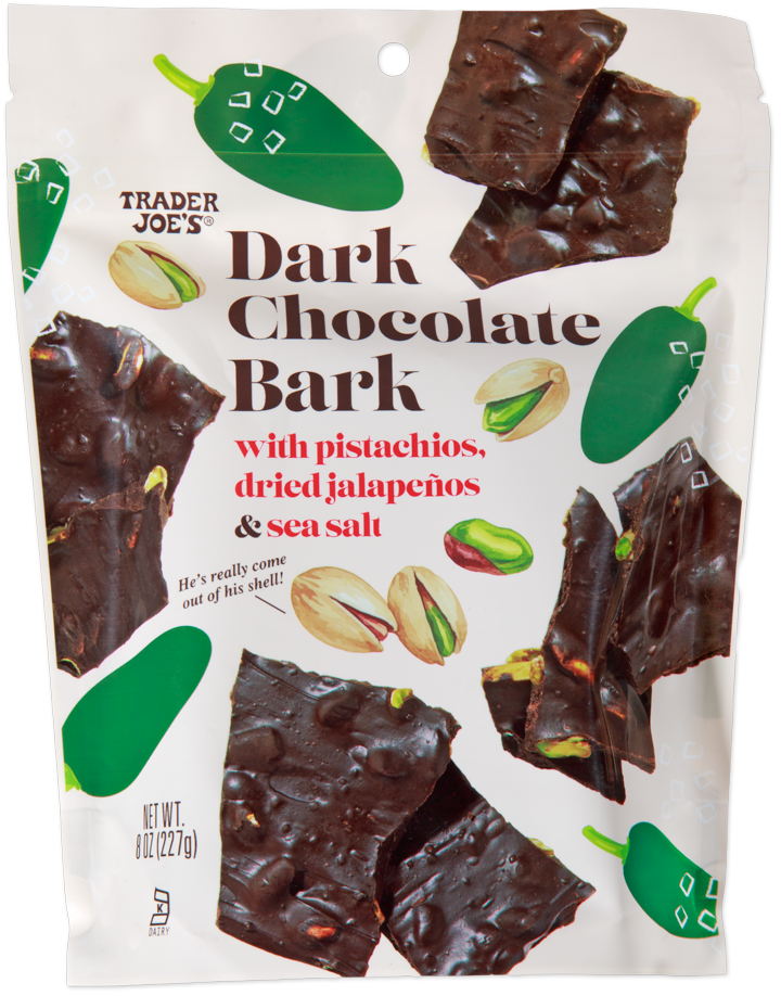 Trader Joe's dark chocolate bark with pistachios, dried jalapeños, and sea salt
