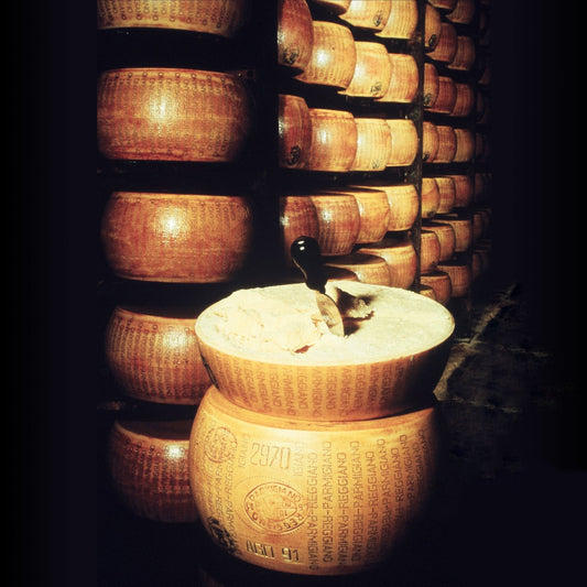 Aged 24-month Parmigiano Reggiano cheese wheel