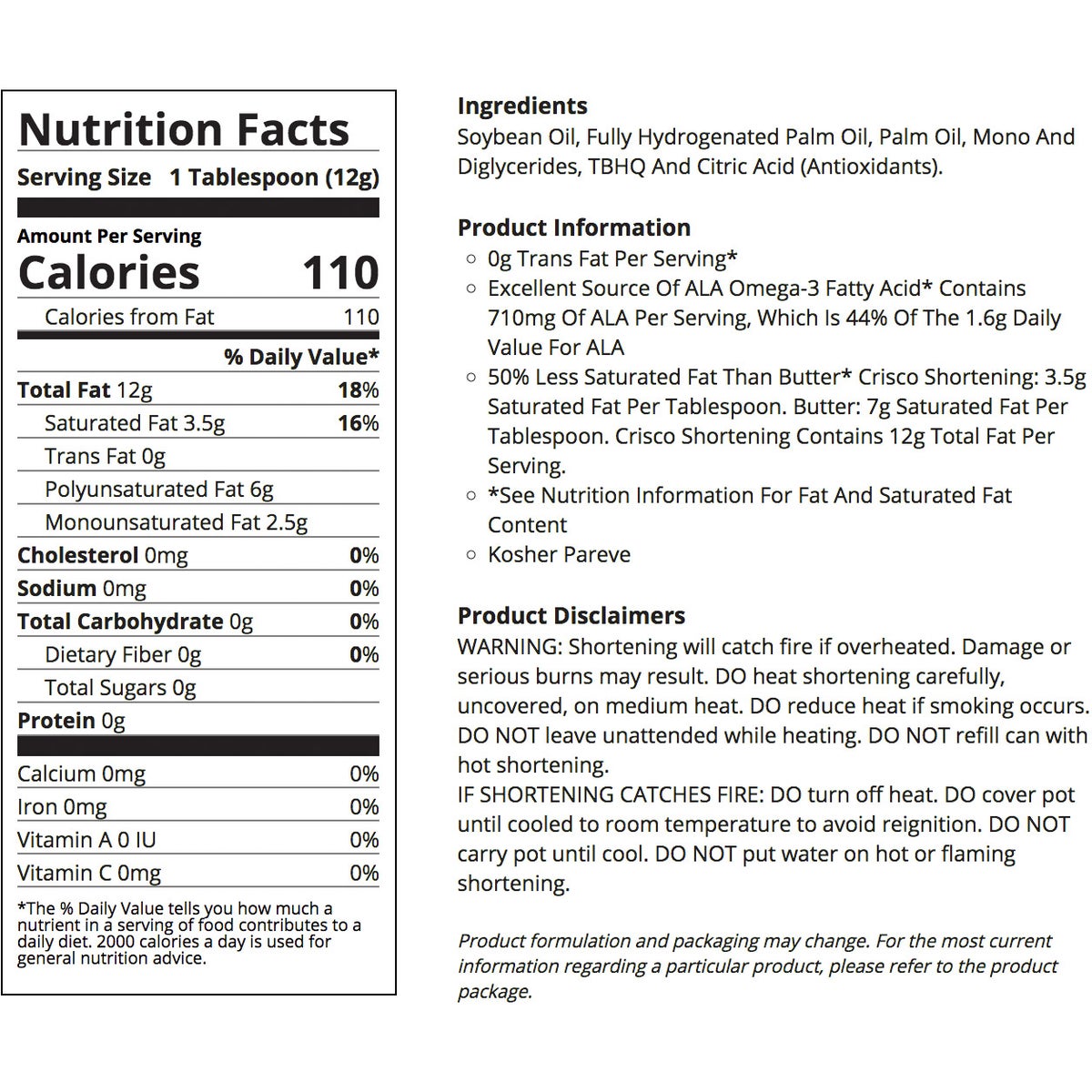 Crisco shortening value size for baking and cooking
