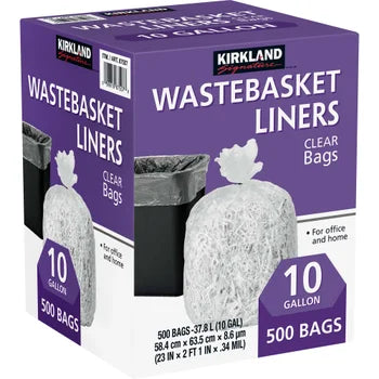 Kirkland Signature 10-gallon clear wastebasket liners, 500-count