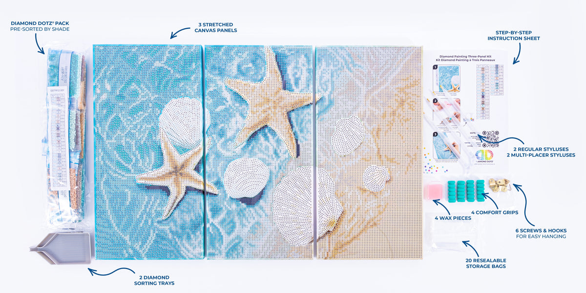 Crystal Shore three-panel seaside diamond painting design