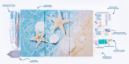 Crystal Shore three-panel seaside diamond painting design