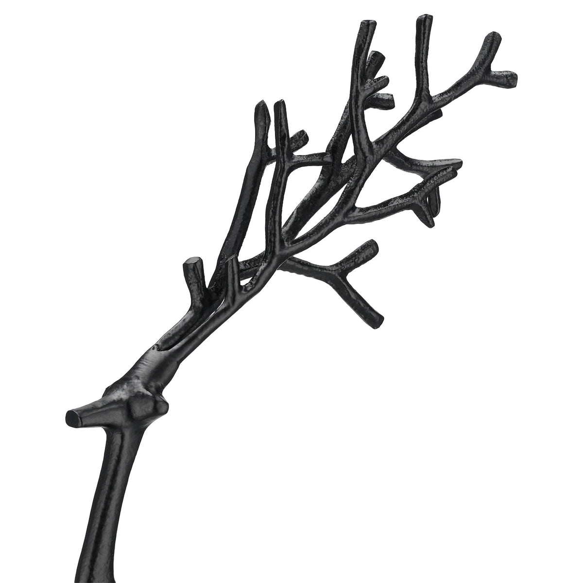Black aluminum deer with a slender sculptural silhouette