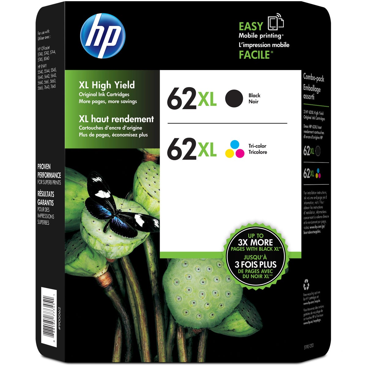 HP 62XL high yield black and tri-color ink cartridge set
