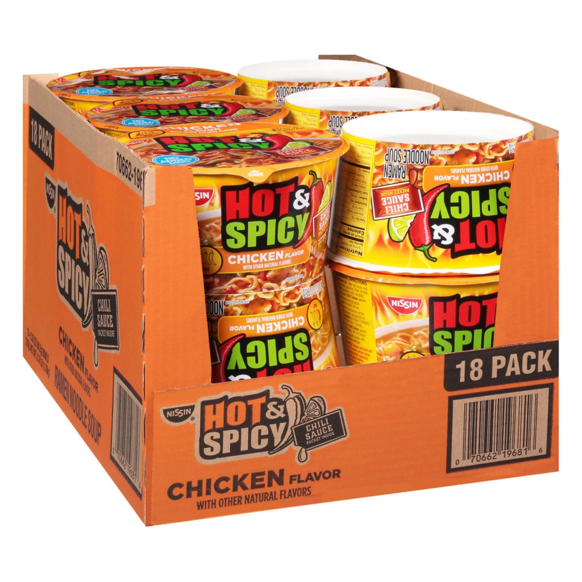 Nissin hot and spicy chicken noodle bowl 18-count