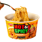 Nissin hot and spicy chicken ramen bowl close-up