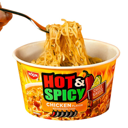 Nissin hot and spicy chicken ramen bowl close-up