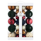 Green, red, bronze, cream, and dark blue Christmas ornament assortment