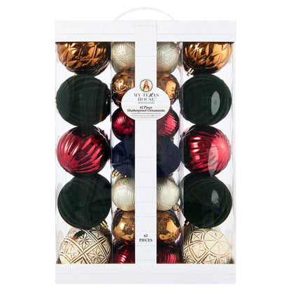Green, red, bronze, cream, and dark blue Christmas ornament assortment